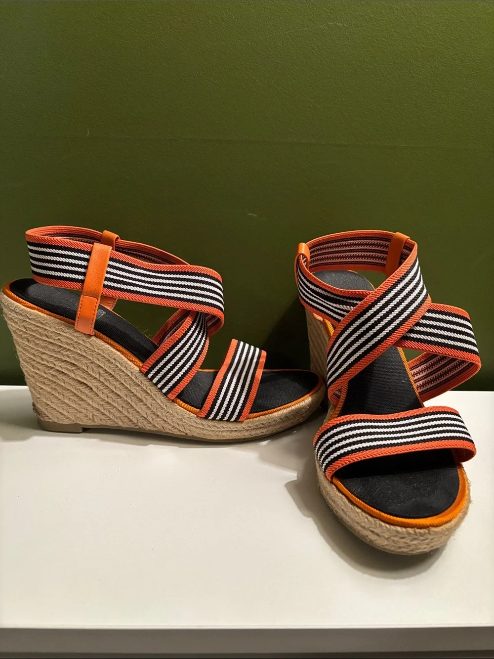 Impo Stretch Orange Black & White Striped Espadrille Wedge Sandals